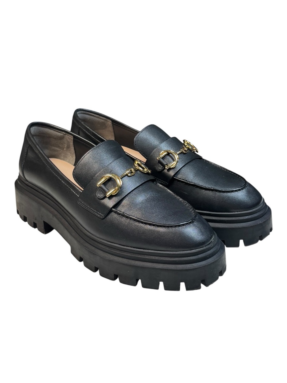 Stuart Weitzman Black Leather Platform Lug Sole Loafers Gold Horsebit 9.5 B